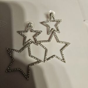 Rhinestone Star Drop Earrings - Silver Tone